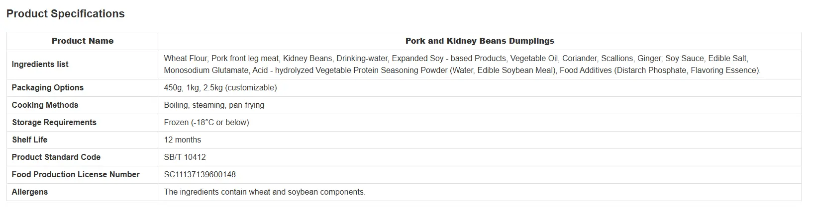 Pork and Kidney beans dumplings Specifications Pork and Kidney beans dumplings Specifications